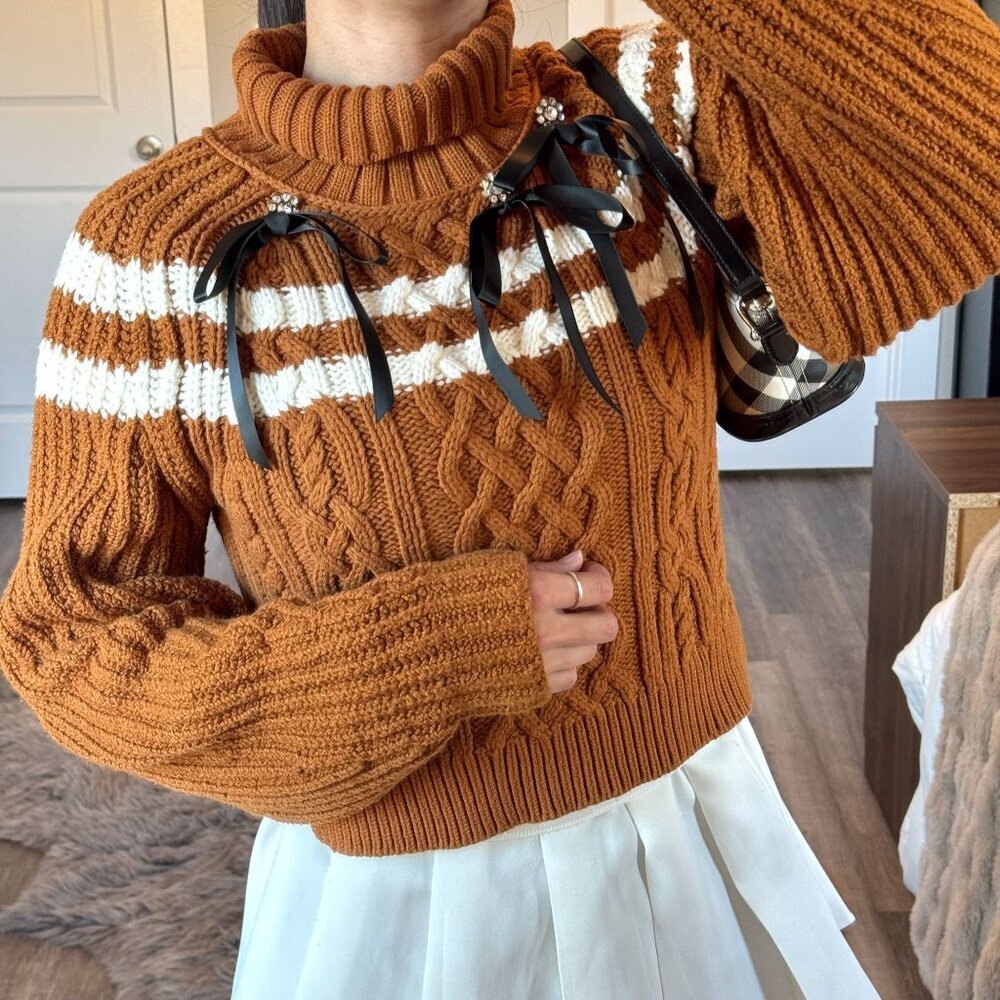 Anthropologie Maeve Turtleneck Balloon Sleeve Bow Sweater Cable Knit Preppy Sz S - Picture 2 of 10